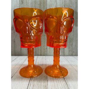 Halloween Skeleton Skull Wine Goblets Cups Orange Plastic Stemmed - Set of 2